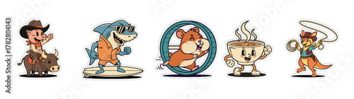 Cartoon Animal Characters Engaged in Various Activities on White