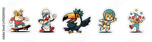 Set of five cartoon characters - a dog on a skateboard, a barber