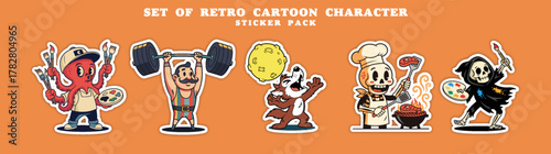 Set of Retro Cartoon Characters Sticker Pack.