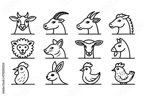 Farm Animals Icon Set, Cute Livestock Icons, Cow, Chicken, Pig, Sheep, Horse, Goat, Barnyard Vector Illustrations, Agricultural Icons, Farm Life Graphics