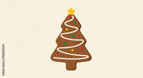 Gingerbread Christmas tree cookie with icing and sprinkles illustration on light background and copy space
