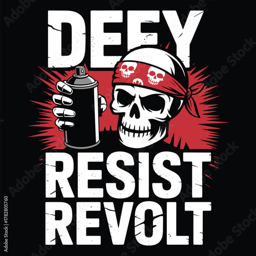 Defy Resist Revolt Spray Can Skull Bandana T Shirt Design