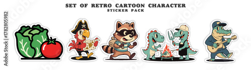 Set of Retro Cartoon Character Stickers Pack.