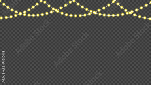 Bright yellow glowing string lights garland with smooth curved hanging wires, festive illumination vector overlay for celebration, christmas, or wedding party decoration on transparent background