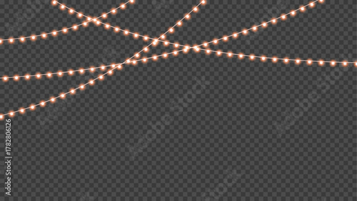 Soft peach warm glowing string lights garland with overlapping curved wires, elegant festive illumination vector overlay for christmas, wedding, or party decoration on transparent background