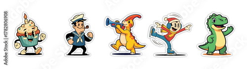 Collection of Five Diverse Cartoon Characters on White Backgroun