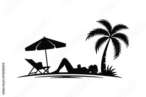 Silhouette of a person relaxing on a tropical beach under a palm tree