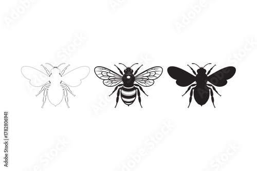 Three stylized bee silhouettes and line art
