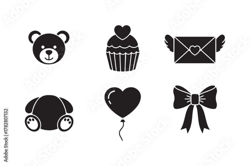 Cute valentine s day icons featuring teddy bear cupcake heart balloon and bow