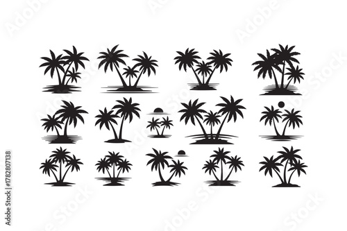 Collection of silhouetted tropical palm trees on islands