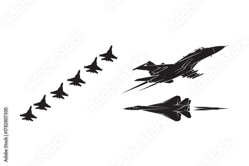 Fighter jets in formation and solo flight