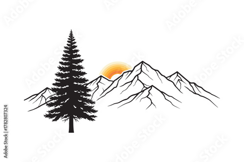 Silhouette of a tall pine tree against a mountain range at sunset