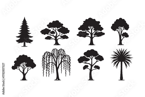 Collection of diverse tree silhouettes in black and white