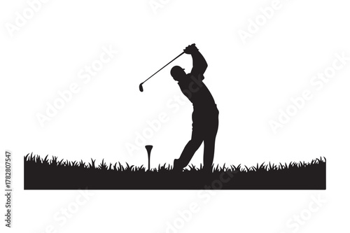 Golfer silhouette swinging club on tee box with grass