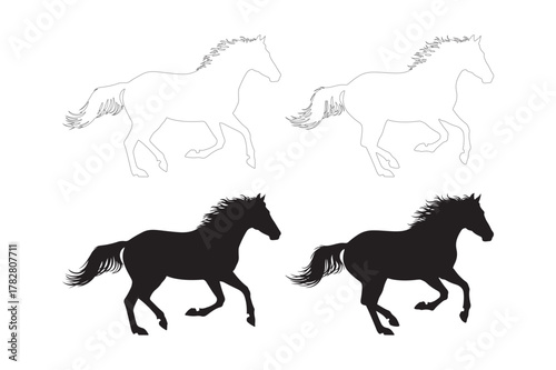 Two silhouetted horses galloping with faint outline horses above