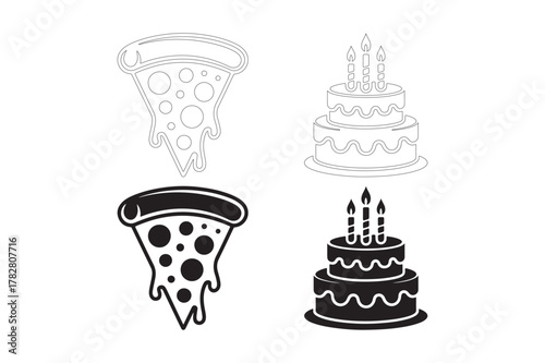 Hand drawn pizza slice and birthday cake illustrations