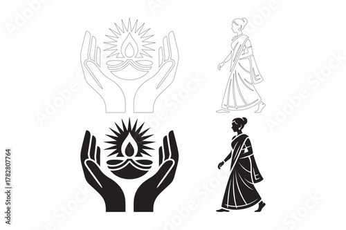 Diwali celebration symbols with woman and ornate designs