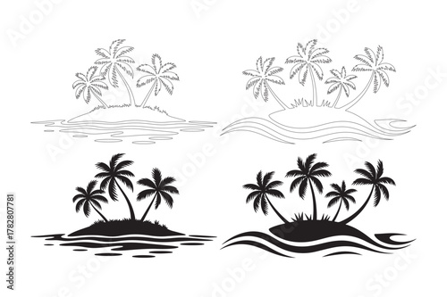 Tropical island silhouettes with palm trees and waves