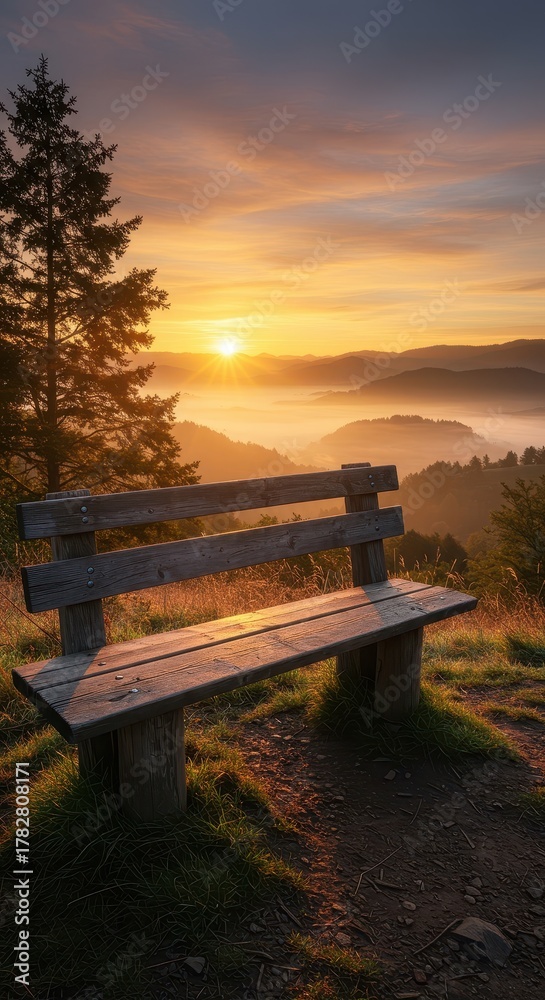 Fototapeta premium Weathered wooden bench offers a tranquil view of a misty, sunlit valley landscape during a spectacular golden sunrise ,wood ,nature ,destination