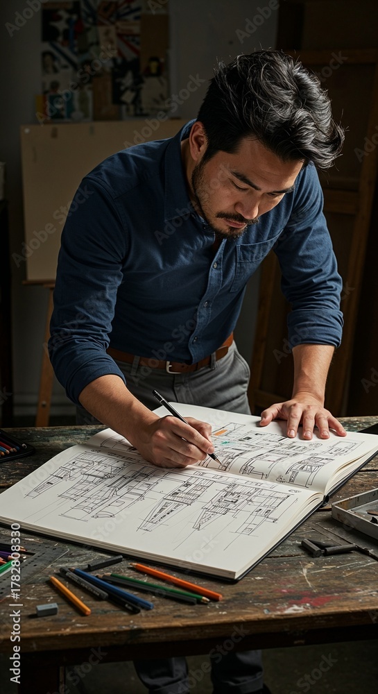 Naklejka premium Man sketching architectural designs at desk with colored pencils 