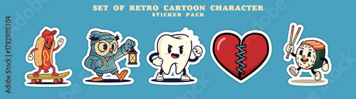 Set of Retro Cartoon Characters Sticker Pack.