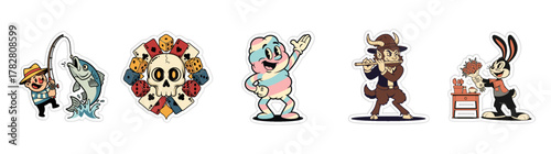 Collection of Cartoon Characters and a Floral Skull Design.