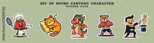 Set of Retro Cartoon Character Sticker Pack.