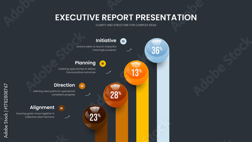 Visual Performance Four Element Chart Slideshow Template. Elegant Growth Presentation Design Vector Illustration. Professional Overview 4 Step Infographic Frame Layout.