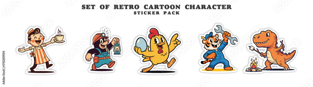 Naklejka premium Set of Retro Cartoon Characters - Chef, Mechanic, Chicken, Super
