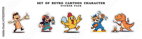 Set of Retro Cartoon Characters - Chef, Mechanic, Chicken, Super