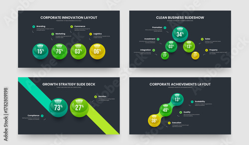 Investor Insight Four Five Two Three Element Diagram Slideshow Template Vector Illustration Set. Company Launch 4 5 2 3 Step Graph Frame Design Bundle.