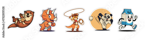 A collection of five distinct cartoon characters, including an o