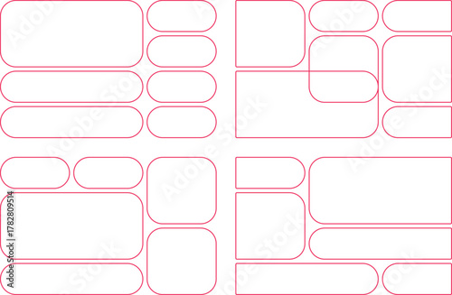 Four distinct layouts with rounded rectangles and squares, showcasing diverse arrangements for design and content placement