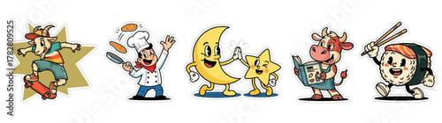 Collection of five cartoon characters including a skateboarder,