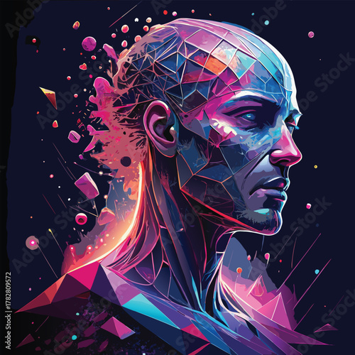 Abstract Human Head with Geometric and Neon Elements