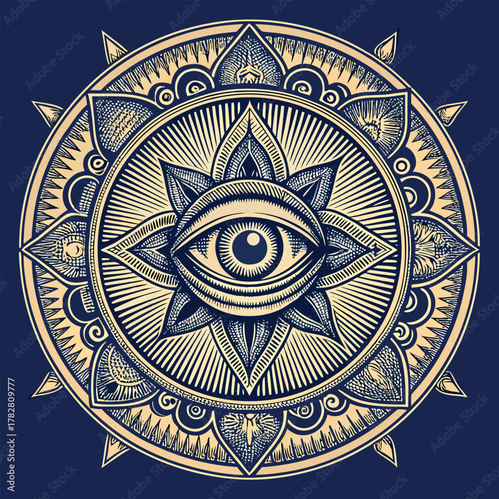 Obraz premium All Seeing Eye Mandala with Sun Rays and Stars eye of providence