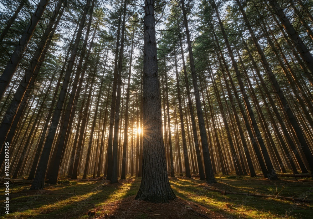 Fototapeta premium A towering pine tree stands straight in a managed sustainable forest plantation, marked for eventual timber harvesting and lumber production, reserve, managed, crop