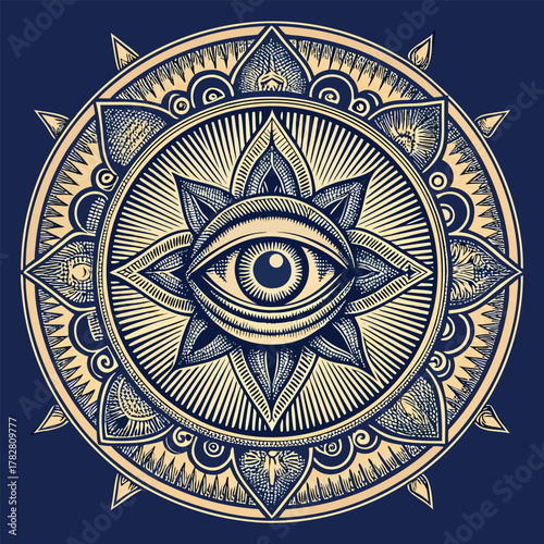 All Seeing Eye Mandala with Sun Rays and Stars eye of providence