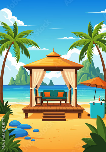 Tropical beach gazebo with ocean view and palm trees for relaxation and vacation