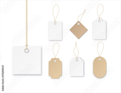 Set of tags or sale vector shopping labels with rope . White paper and brown kraft realistic material. Flat design isolated vector
