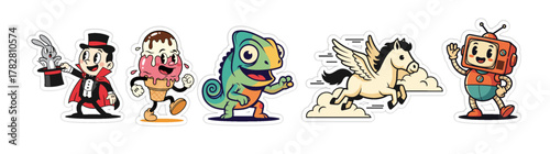Collection of Cartoon Characters - Magician, Ice Cream, Chameleo