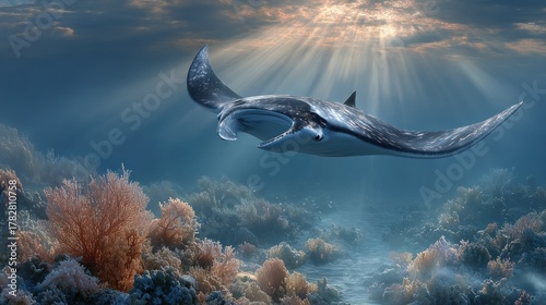 Fototapeta Naklejka Na Ścianę i Meble -  A majestic manta ray swims gracefully in sunlit ocean depths above colorful coral reefs