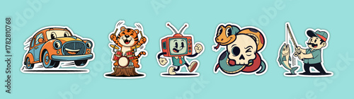 Set of five unique cartoon illustrations featuring a car, a dog,