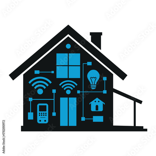 Smart Home Technology Illustration – Modern House Automation Vector, WiFi Network Icon, Internet of Things Concept Design for Tech and Security Projects