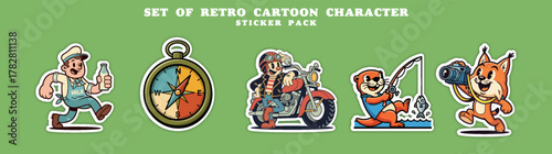 Set of Retro Cartoon Character Sticker Pack with Various Designs