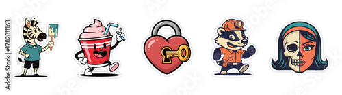 Collection of five distinct cartoon characters and objects, each