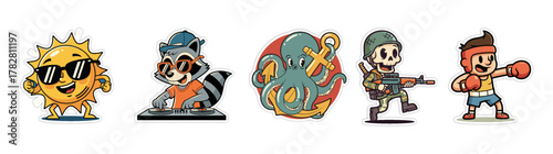 Collection of Cartoon Characters - Sun, Raccoon, Octopus, Soldie