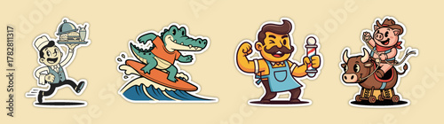 Set of four cartoon illustrations - a waiter, a surfing alligato