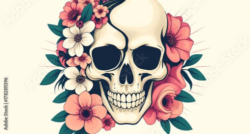 Gothic vector illustration of a grunge skull with a rose and tattoo, a symbol of death and human anatomy perfect for Halloween or rock designs