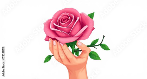 A hand holds a single pink rose, a beautiful symbol of love and romance